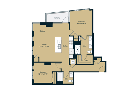 Floor plan for 2 beds, 2 baths, 1162 sqft